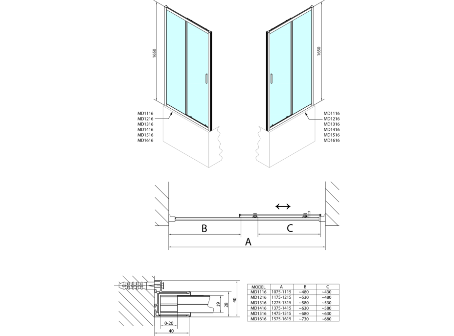 Polysan DEEP sprchové dveře 1500x1650mm, čiré sklo MD1516