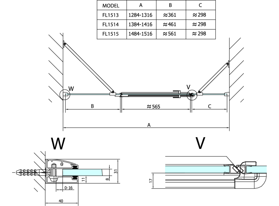 Polysan FORTIS LINE sprchové dveře do niky trojdílné 1300mm, čiré sklo, levé FL1513L