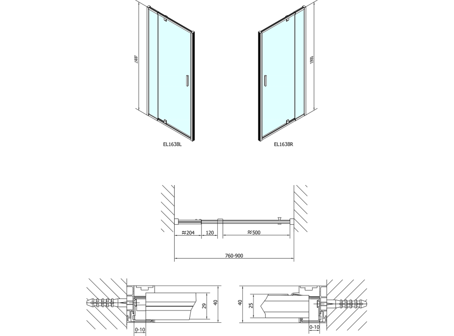 Polysan EASY LINE sprchové dveře otočné 760-900mm, sklo Brick EL1638