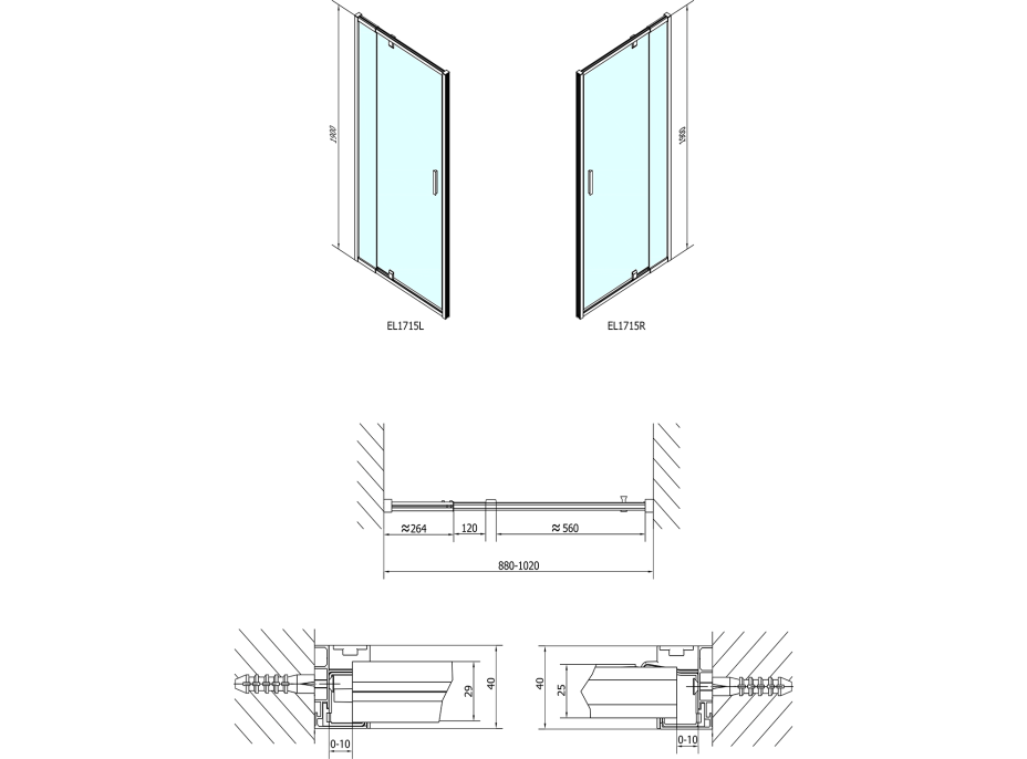 Polysan EASY LINE sprchové dveře otočné 880-1020mm, čiré sklo EL1715