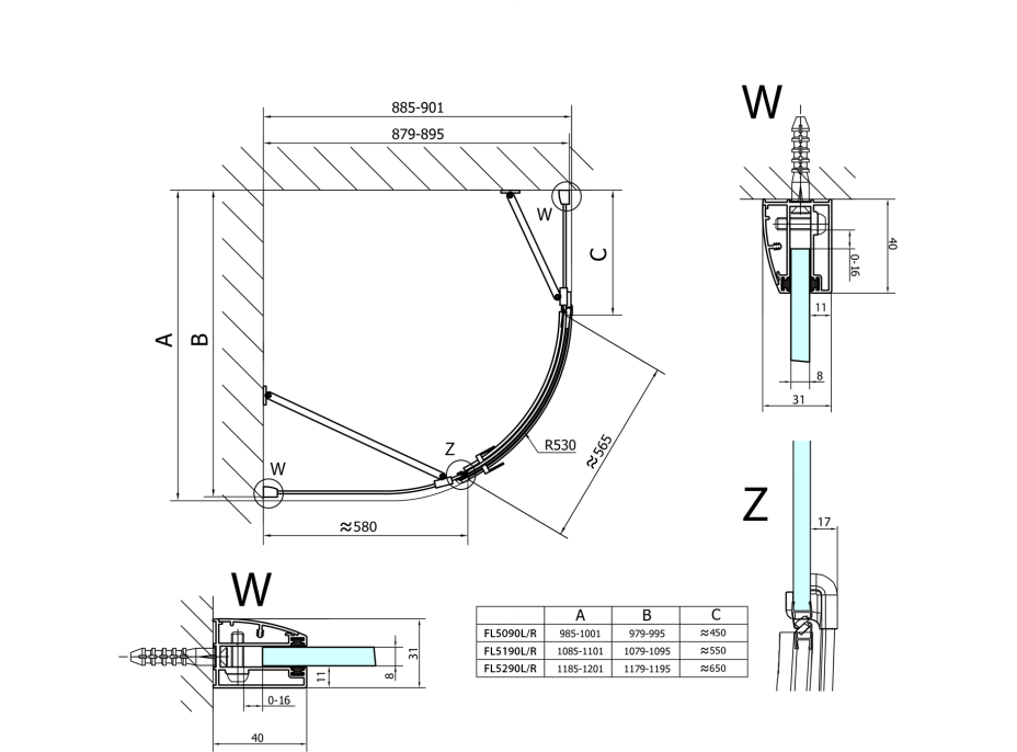 Polysan FORTIS LINE čtvrtkruhová sprchová zástěna 1100x900x2000, levá FL5190L