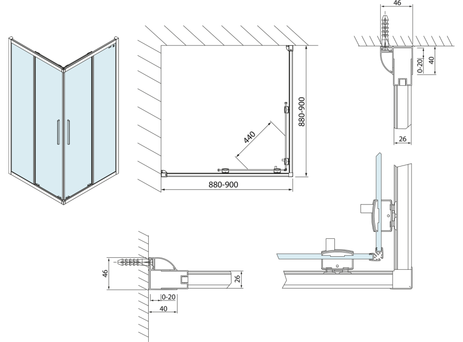 Polysan LUCIS LINE čtvercová sprchová zástěna 900x900mm, čiré sklo DL1615