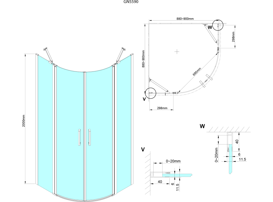 Gelco LORO čtvrtkruhová sprchová zástěna 900x900mm, čiré sklo GN5590