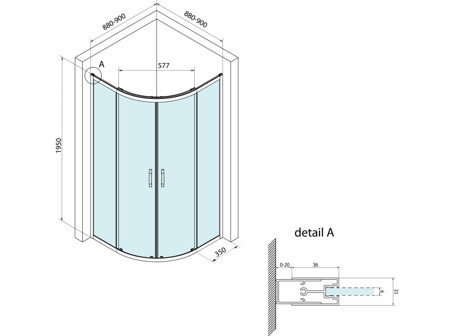 Bruckner BORG čtvrtkruhová sprchová zástěna 900x900x1950 mm, R550, čiré sklo 751.090.1