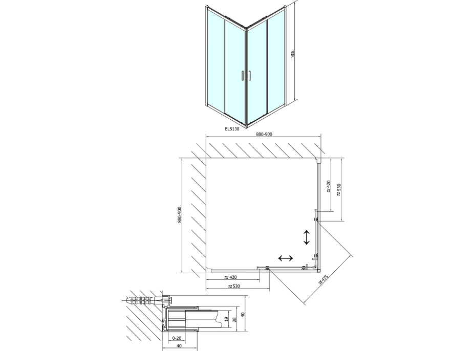 Polysan EASY LINE čtvercová sprchová zástěna 900x900mm, sklo BRICK EL5138