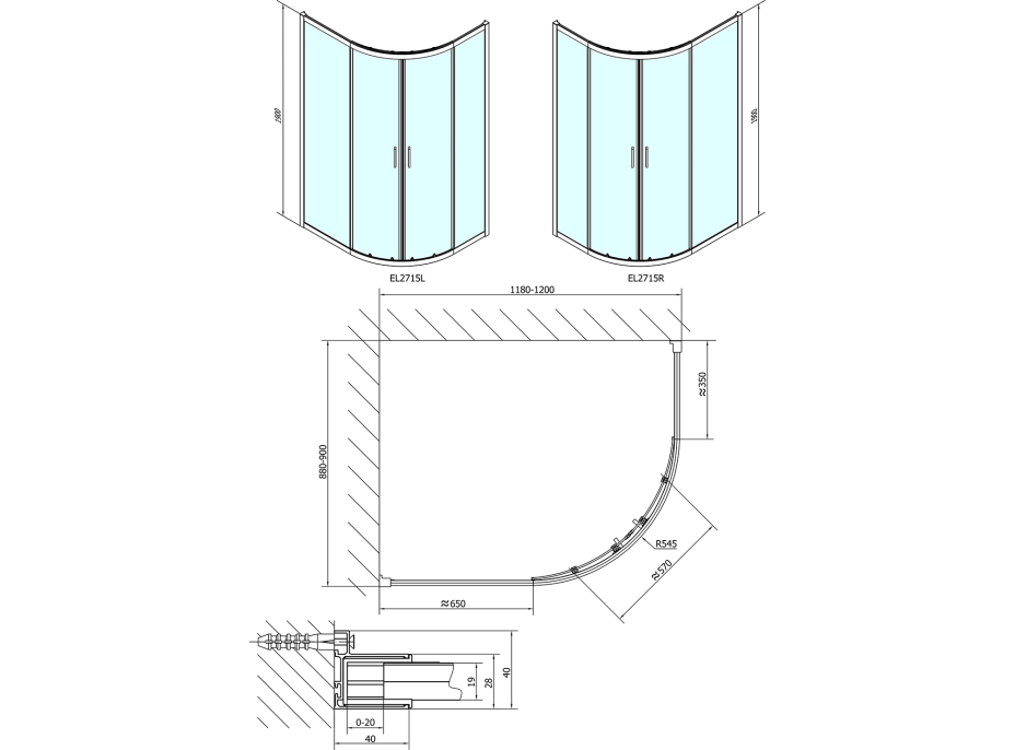 Polysan EASY LINE čtvrtkruhová sprchová zástěna 1200x900mm, L/R, čiré sklo EL2715