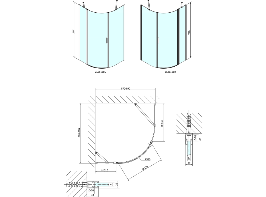 Polysan ZOOM LINE BLACK čtvrtkruhová sprchová zástěna 900x900mm, čiré sklo, pravá ZL2615BR