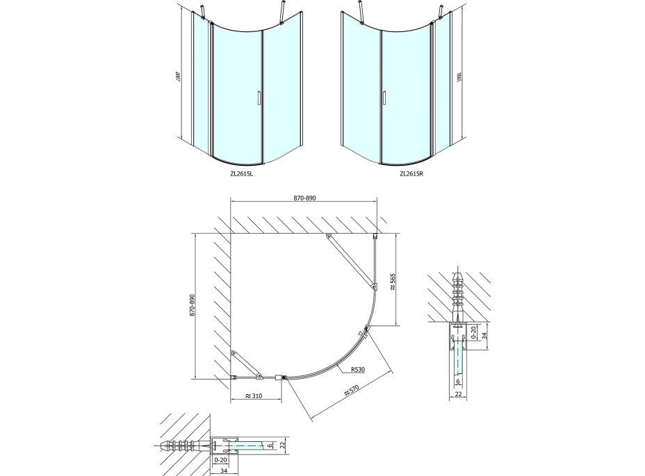 Polysan ZOOM LINE čtvrtkruhová sprchová zástěna 900x900mm, čiré sklo, levá ZL2615L