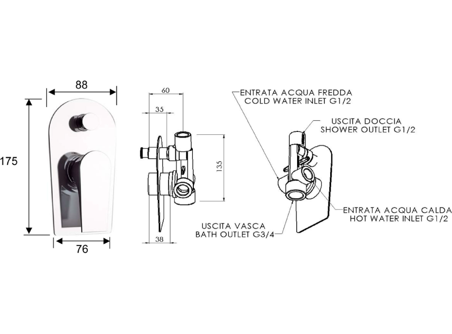 Sapho AXAMITE podomítková sprchová baterie, 2 výstupy, chrom AX42