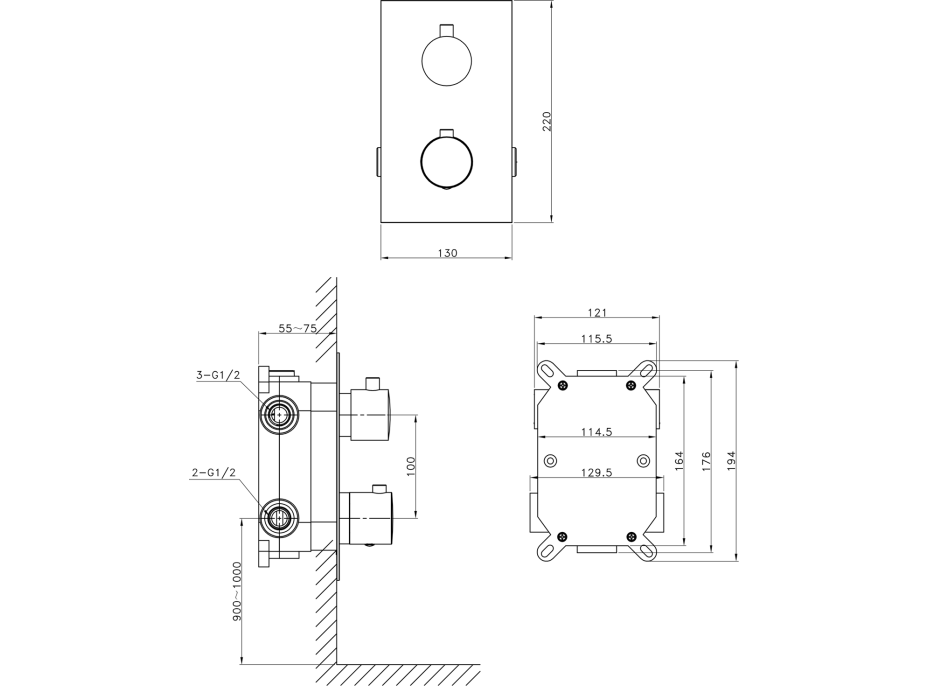 Sapho KIMURA podomítková sprchová termostatická baterie, box, 3 výstupy, chrom KU383