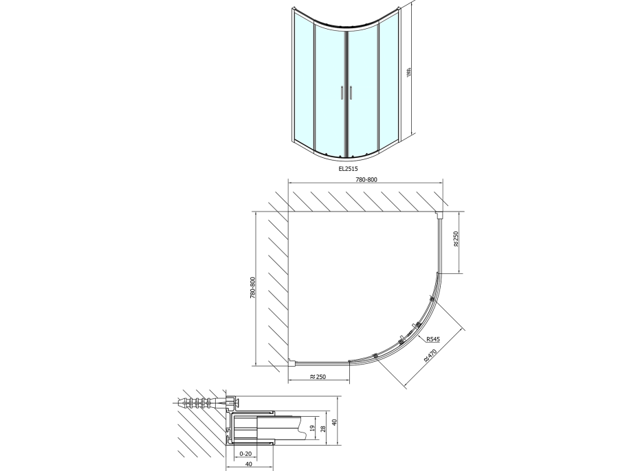 Polysan EASY LINE čtvrtkruhová sprchová zástěna 800x800mm, L/R, čiré sklo EL2515