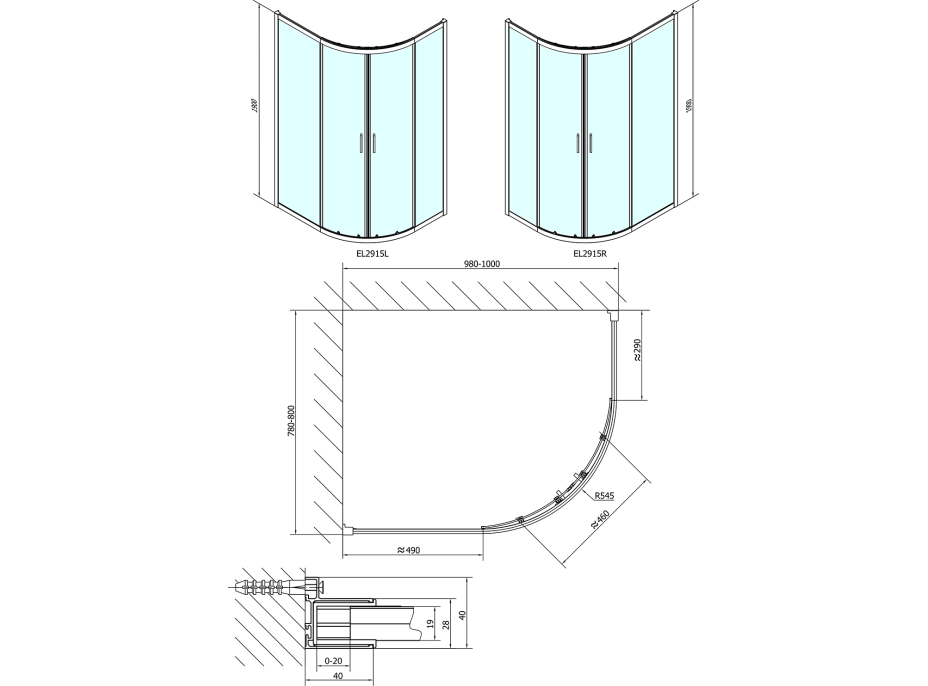 Polysan EASY LINE čtvrtkruhová sprchová zástěna 1000x800mm, L/R, čiré sklo EL2915