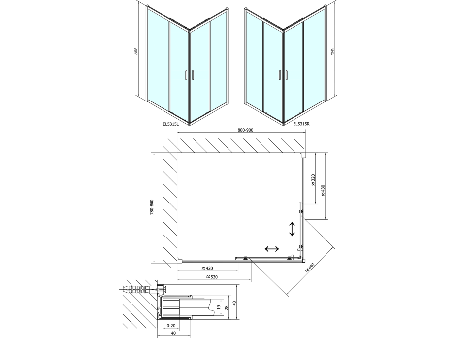 Polysan EASY LINE obdélníková sprchová zástěna 900x800mm, čiré sklo EL5315