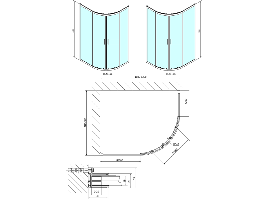 Polysan EASY LINE čtvrtkruhová sprchová zástěna 1200x800mm, L/R, čiré sklo EL2315