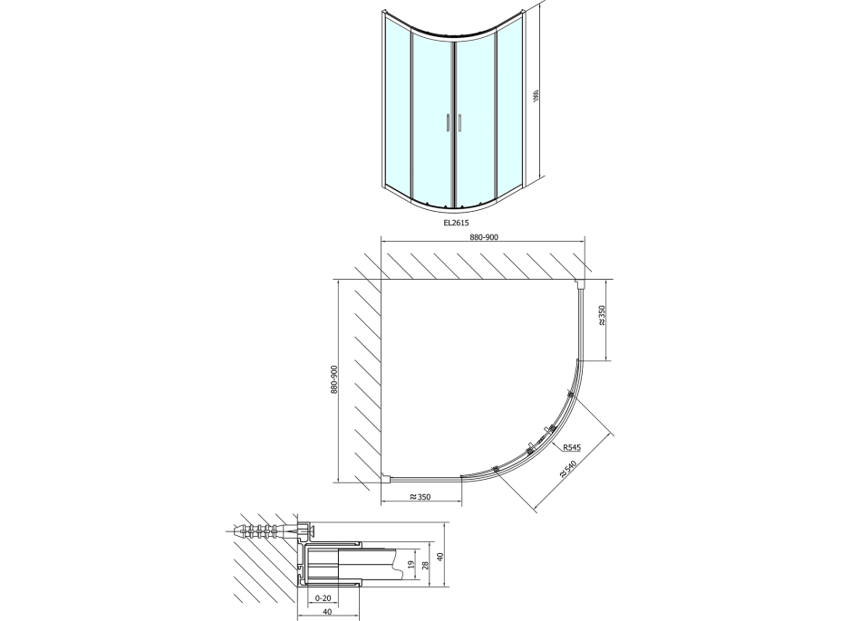 Polysan EASY LINE čtvrtkruhová sprchová zástěna 900x900mm, L/R, čiré sklo EL2615