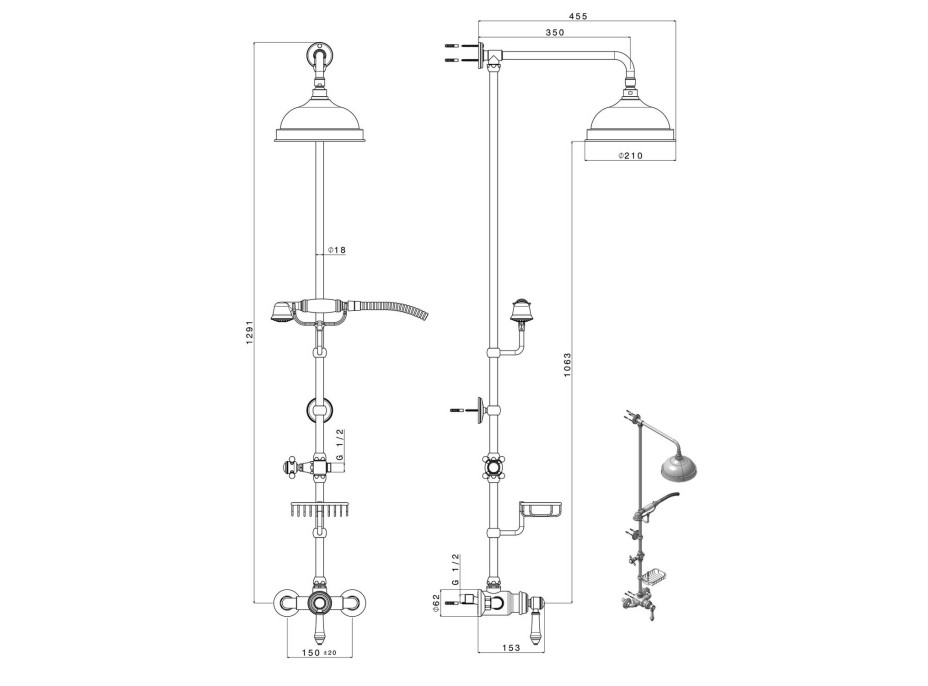 Sapho VIENNA sprchový sloup s pákovou baterií, mýdlenka, 1291mm, bronz VO138BR