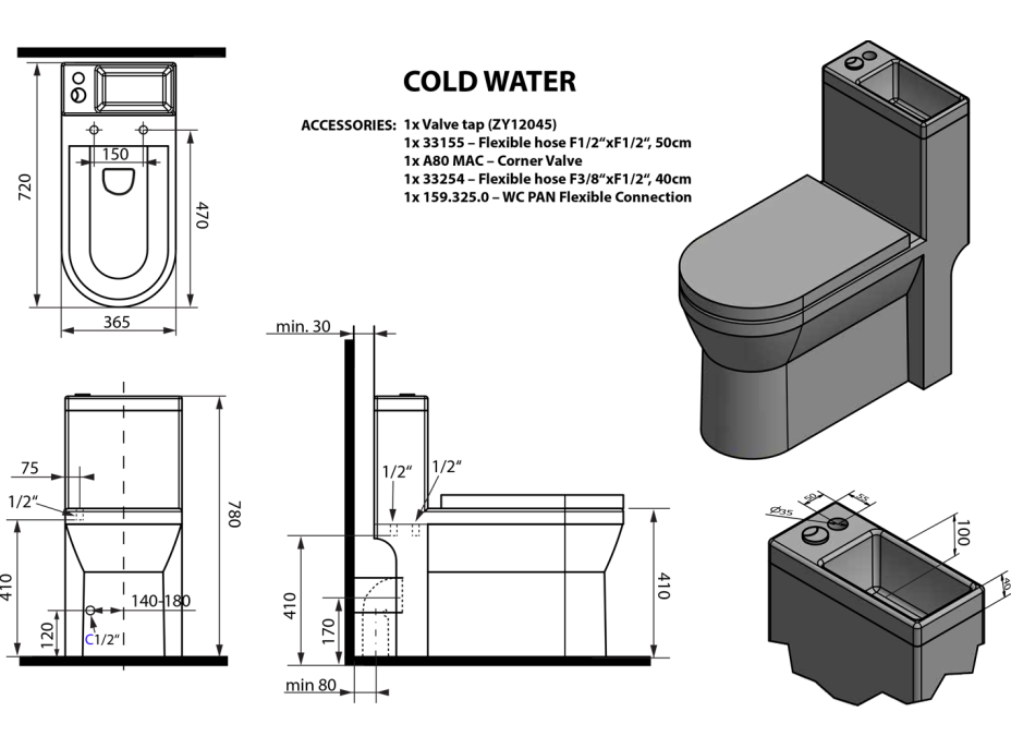 Aqualine HYGIE WC kombi s umývátkem, zadní/spodní odpad, bílá PB104W