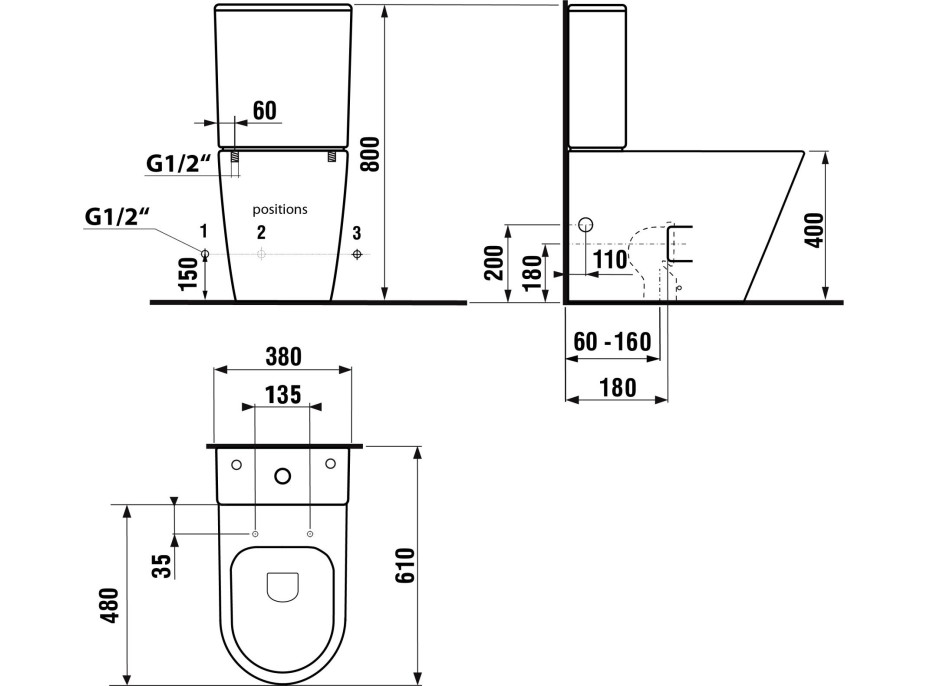 Sapho PACO WC kombi, Rimless, spodní/zadní odpad, bílá PC1012WR