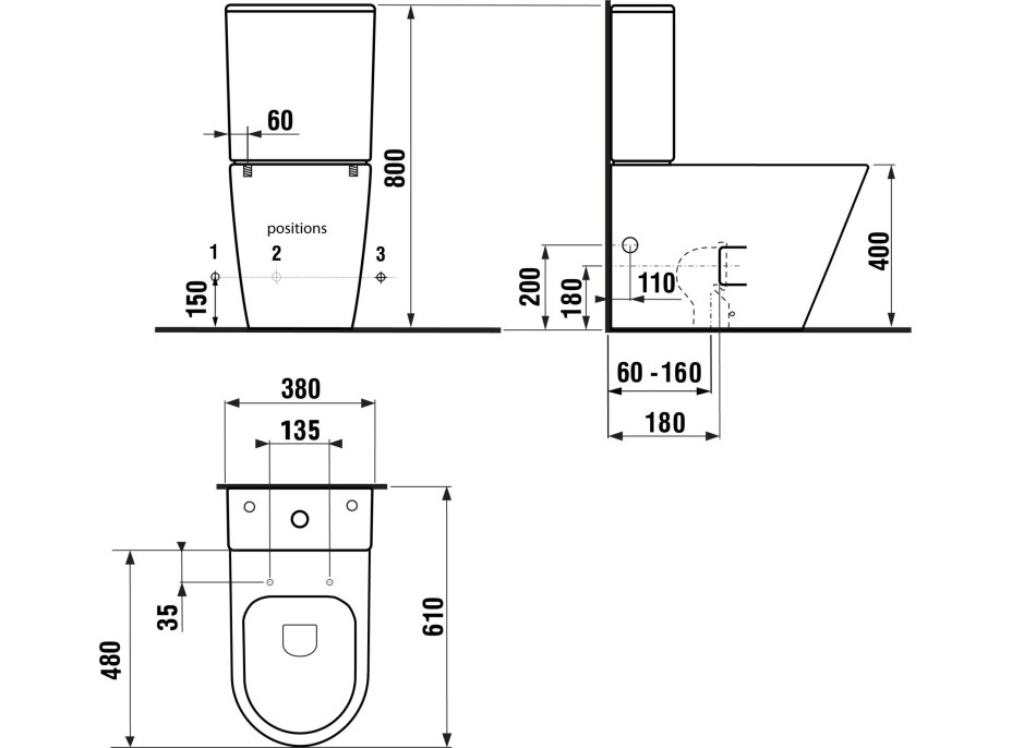 Sapho PACO RIMLESS WC kombi mísa s nádržkou, spodní/zadní odpad, černá mat PC1012WRB