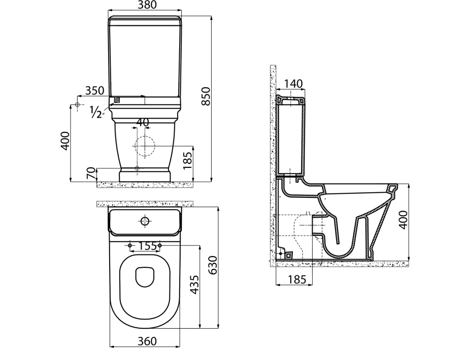 CREAVIT ANTIK WC mísa kombi, zadní/spodní odpad, 37x63cm, bílá AN360