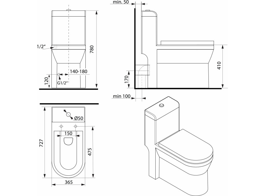 Sapho HUBERT WC kombi, spodní/zadní odpad, bílá PB304