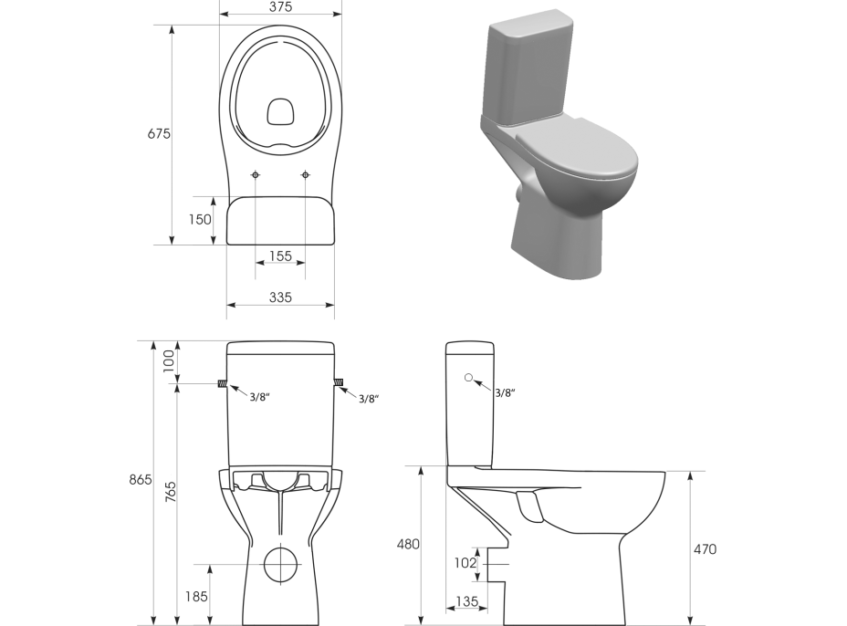 Sapho HANDICAP WC kombi zvýšený sedák, Rimless, zadní odpad, bílá K11-0221