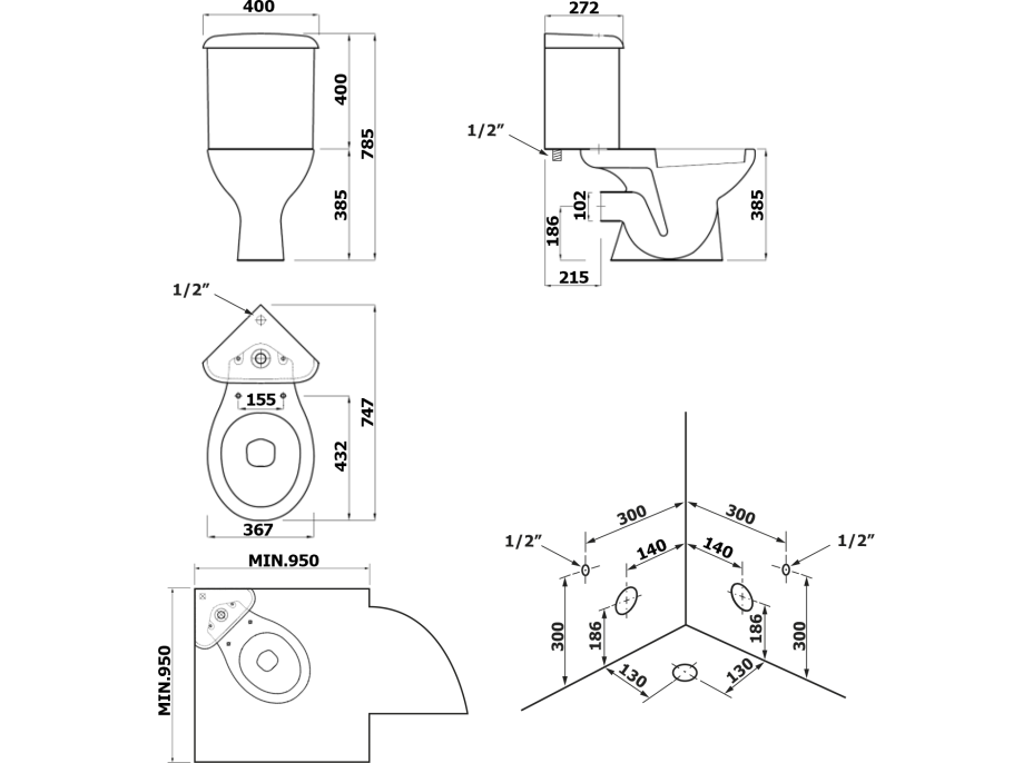 Aqualine CLIFTON rohové WC kombi, dvojtlačítko 3/6l, zadní/spodní odpad, bílá FS1PK