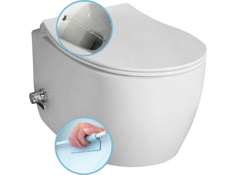 Isvea SENTIMENTI CLEANWASH závěsná WC mísa, Rimless, integrovaný ventil a bidet. sprška, 36x51cm, bílá 10ARS1010