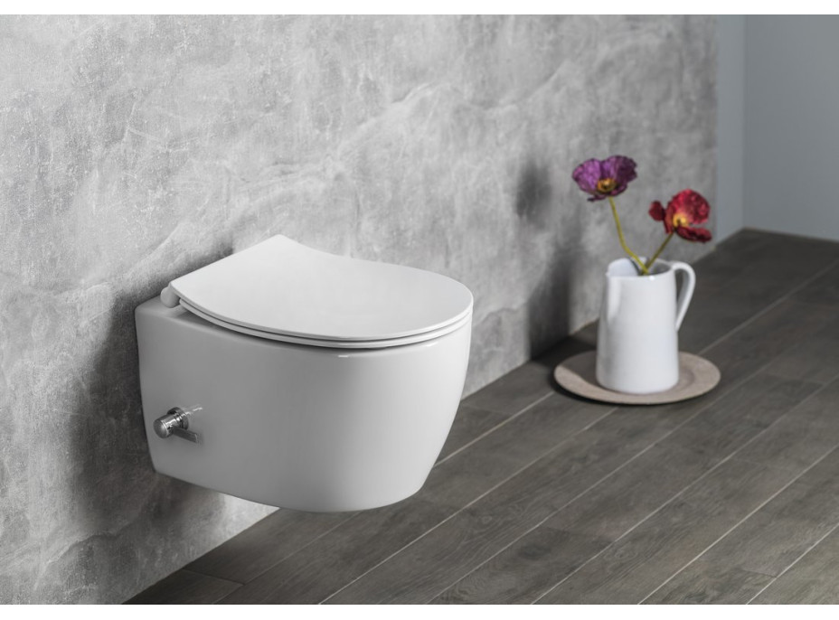 Isvea SENTIMENTI CLEANWASH závěsná WC mísa, Rimless, integrovaný ventil a bidet. sprška, 36x51cm, bílá 10ARS1010