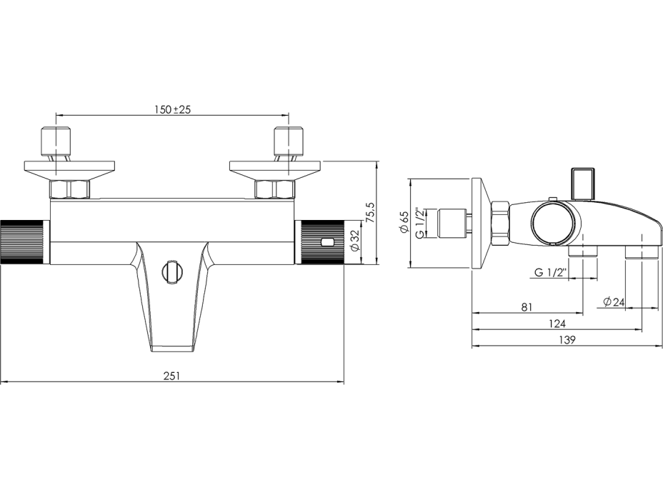 Aqualine ACTION nástěnná vanová termostatická baterie, chrom MB106