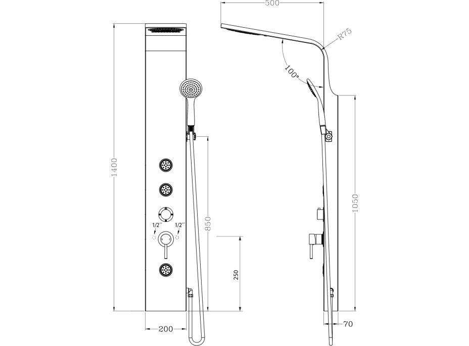 Aqualine TUSA sprchový panel, výška 1400mm, stříbrná SL680