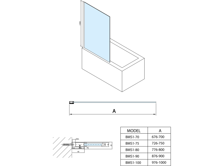 Polysan MODULAR SHOWER vanová zástěna 800x1500mm, čiré sklo BMS1-80