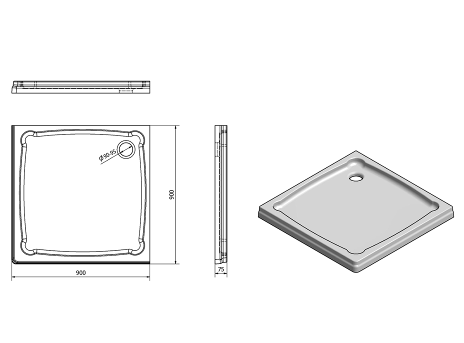 Gelco DIONA sprchová vanička z litého mramoru, čtverec 90x90x7, 5cm GD009