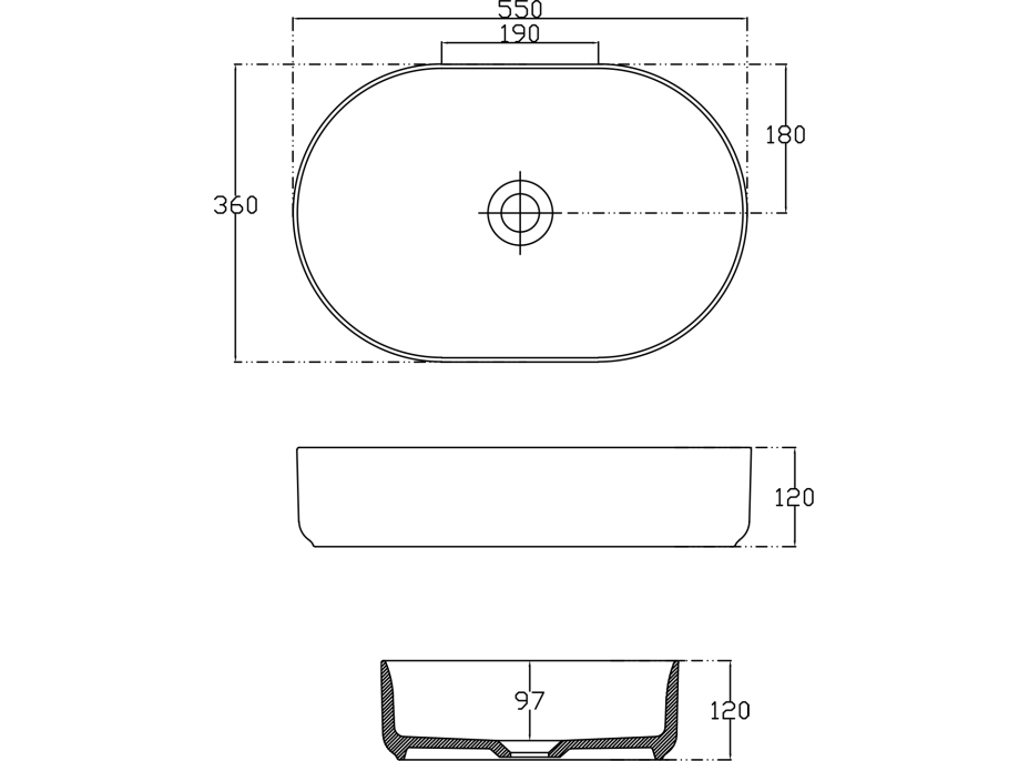 Isvea INFINITY OVAL keramické umyvadlo na desku, 55x36cm, černá mat 10NF65055-2N