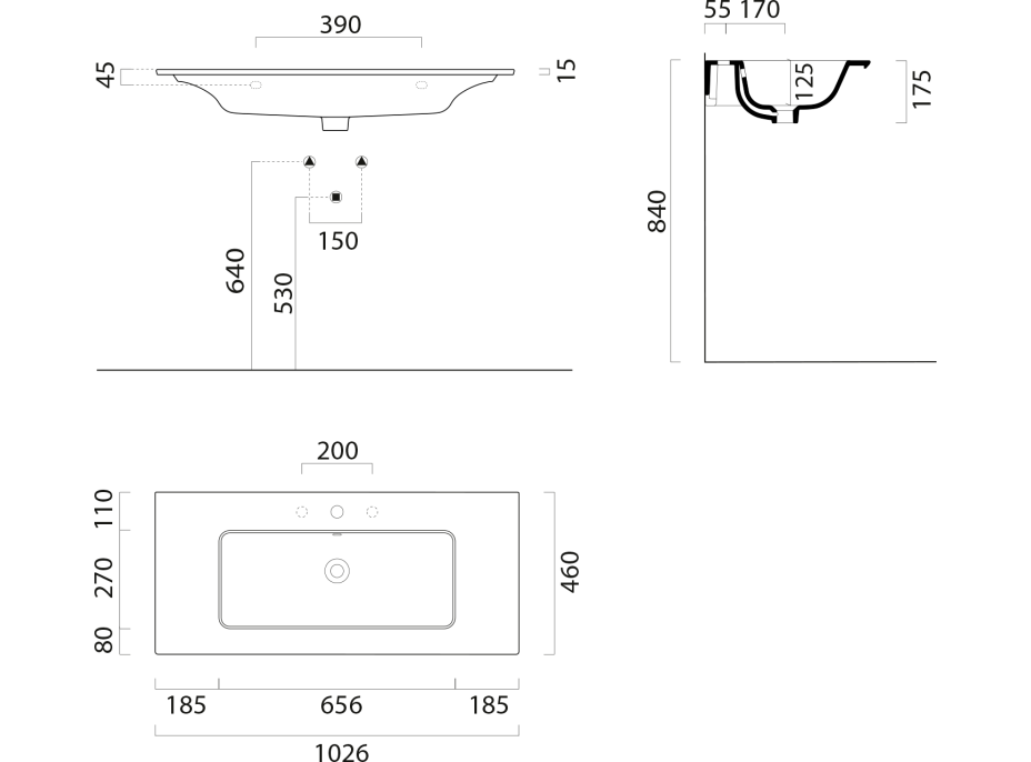 GSI PURA keramické umyvadlo Slim 102x46cm, černá mat 8886126