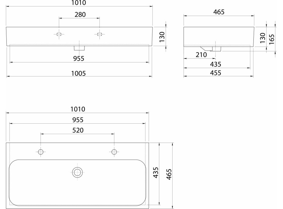 Sapho TORIDI keramické umyvadlo 101x46, 5cm, 2 otvory pro baterii, černá mat TU0222B