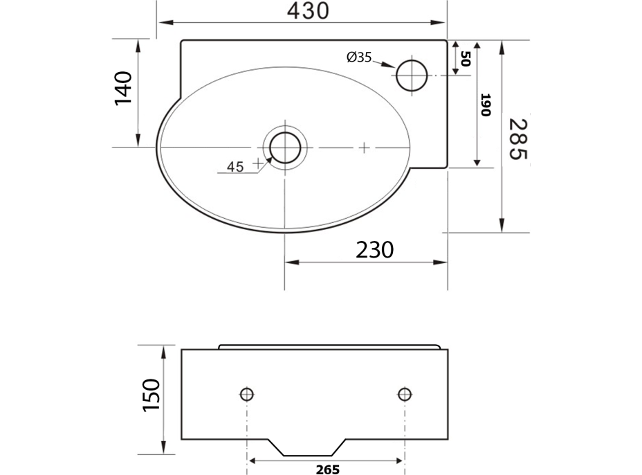 Sapho RIBERA keramické umývátko rohové 43x28, 5 cm, otvor pro baterii vpravo, bílá AR497