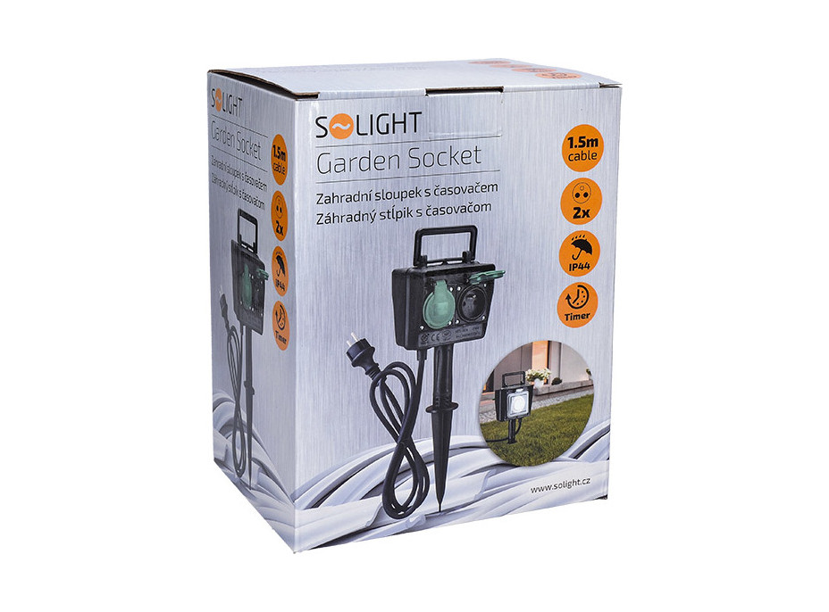 Solight zahradní sloupek IP44, 2 zásuvky + časový spínač, gumový kabel 1,5m