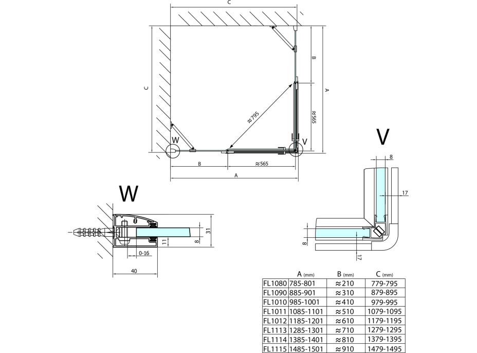 Polysan FORTIS LINE obdélníkový sprchový kout 1000x1100 mm, rohový vstup FL1010LFL1011R