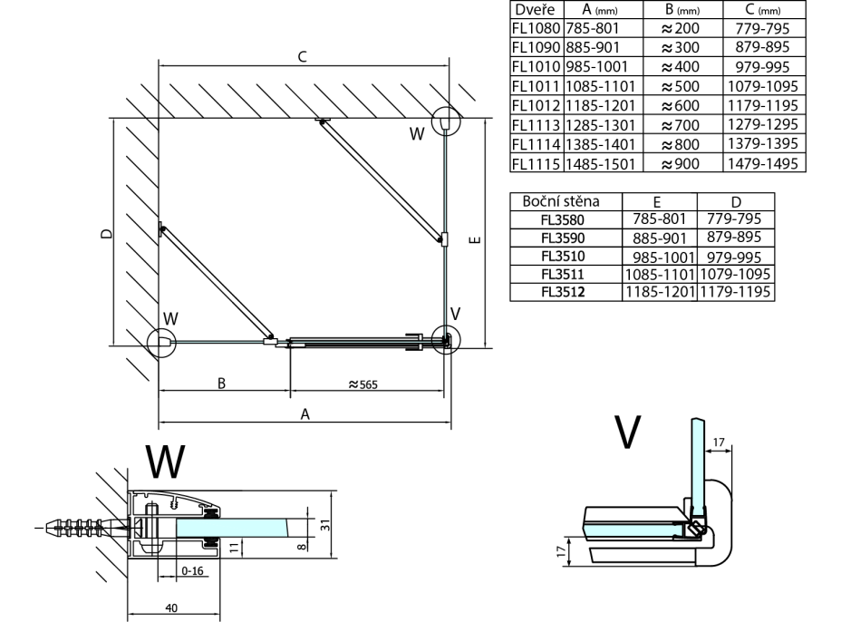 Polysan FORTIS LINE obdélníkový sprchový kout 900x1200 mm, L varianta FL1090LFL3512