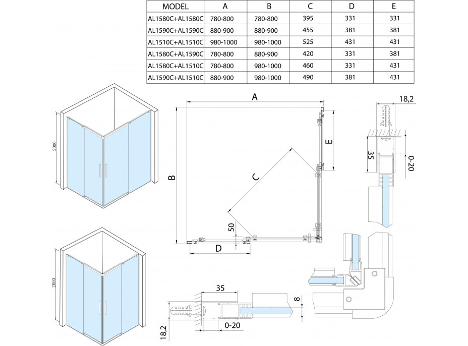 Polysan ALTIS LINE čtvercový sprchový kout 800x800 mm, rohový vstup, čiré sklo AL1580CAL1580C