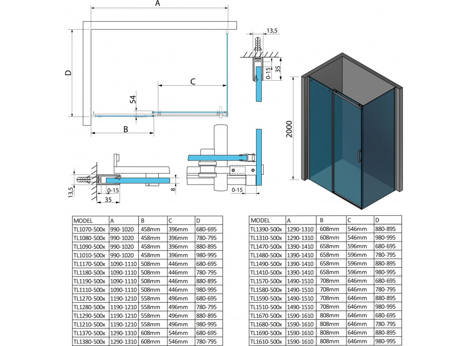 Polysan THRON LINE SQUARE obdélníkový sprchový kout 1100x1000mm, hranaté pojezdy TL1110-5002