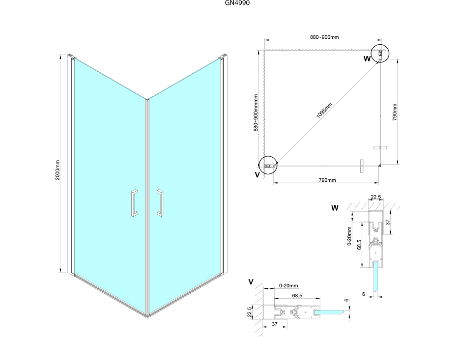 Gelco LORO čtvercový sprchový kout 900x900 mm, rohový vstup GN4990-01