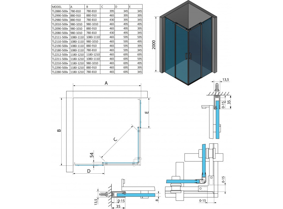 Polysan THRON LINE SQUARE čtvercový sprchový kout 1100x1100mm, hranaté pojezdy, rohový vstup TL2111-5002