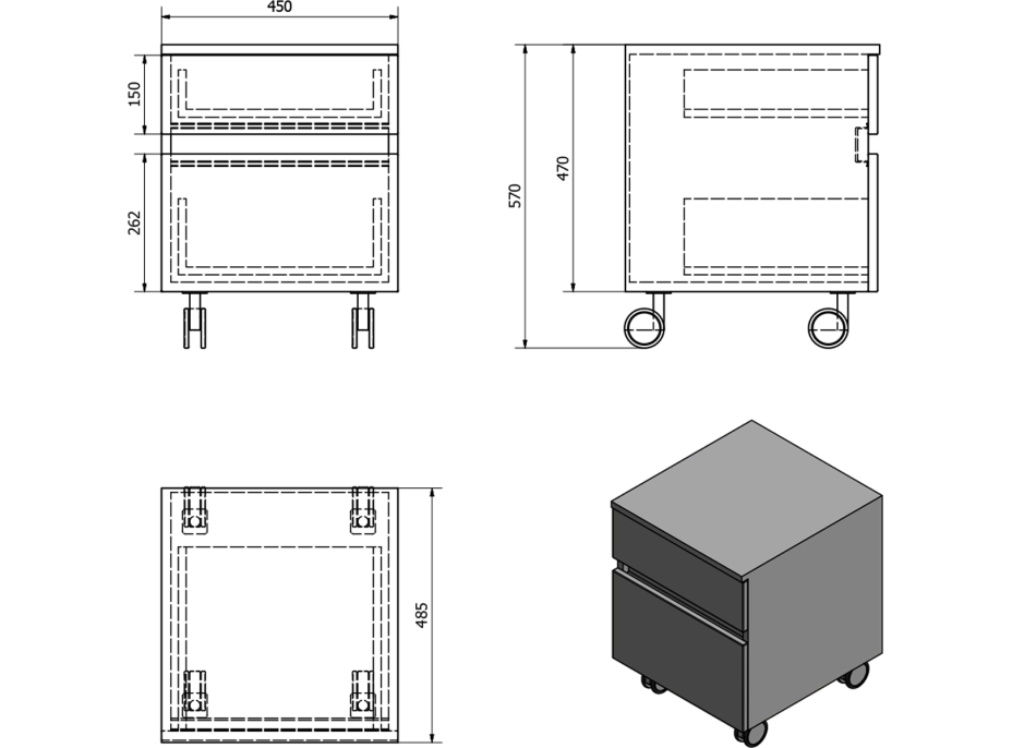Sapho AVICE skříňka na kolečkách, 2x zásuvka 45x57x48, 5cm, bílá AV063-3030