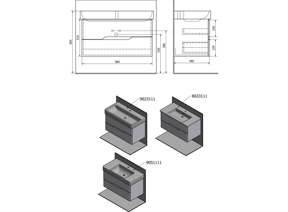 Sapho MEDIENA umyvadlová skříňka 96, 5x50, 5x48, 5cm, bílá mat/dub graphite MD101