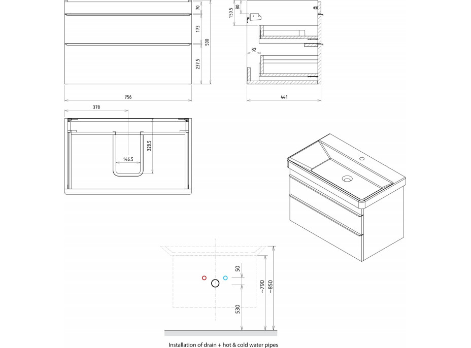 Sapho SITIA umyvadlová skříňka 75, 6x50x44, 2cm, 2xzásuvka, bílá mat SI080-3131