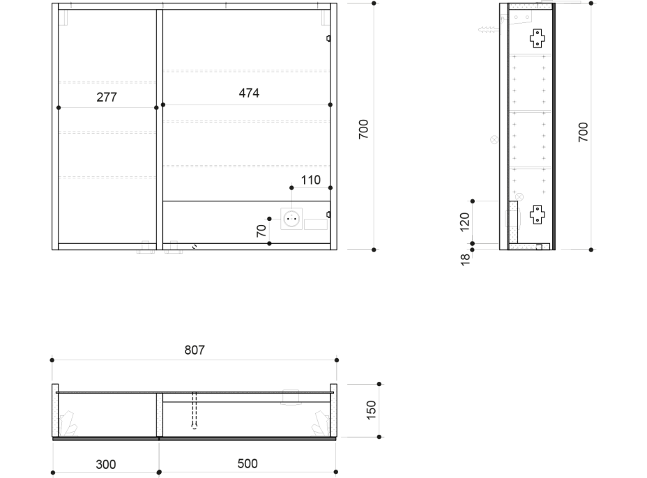 Sapho LINEX galerka s LED osvětlením, 80x70x15cm, dub stříbrný LX080-0011