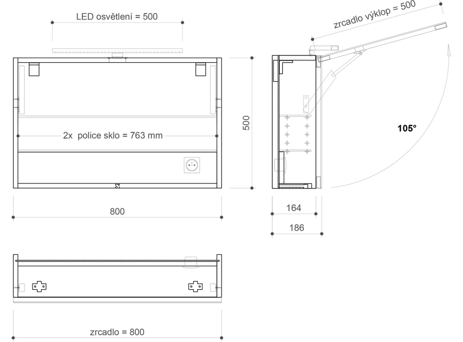 Sapho CLOE galerka s LED osvětlením 80x50x18cm, dub stříbrný CE080-0011