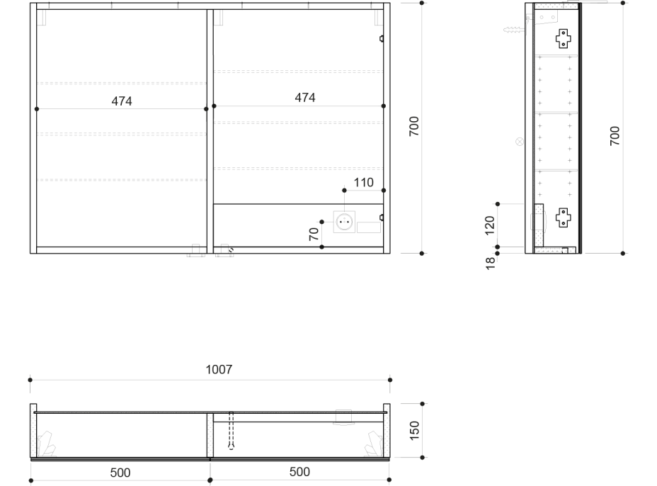 Sapho LINEX galerka s LED osvětlením, 100x70x15cm, jilm bardini LX100-0013